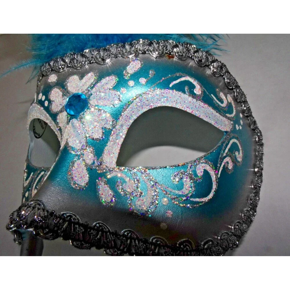 Beautiful Venetian Hand Painted Mask Venice Feathers Blue Masquerade with Handle